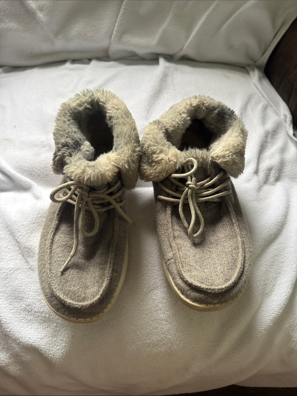 Cozy Hey Dude Faux Fur Lined Moccasin Boots in Taupe
